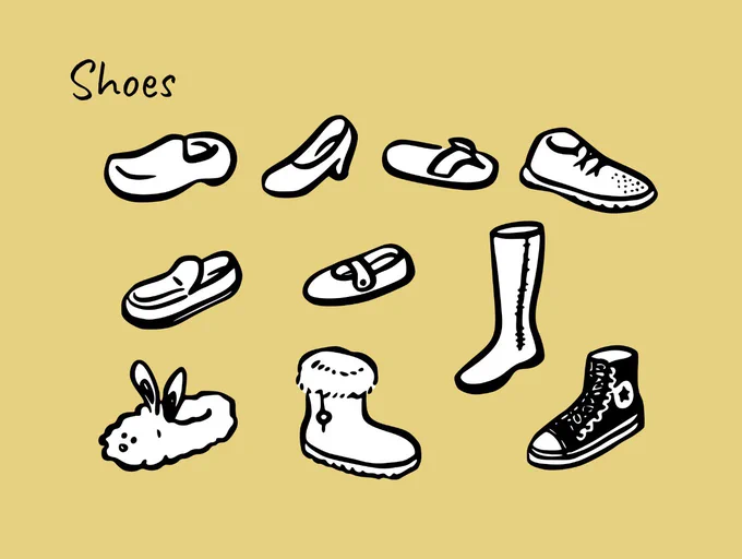 Illustrations of various types of shoes.