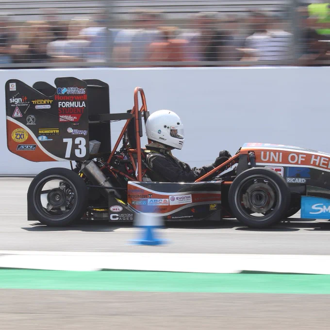 University of Hertfordshire's car runs acceleration course down Silverstone's National Straight during Formula Student 2018