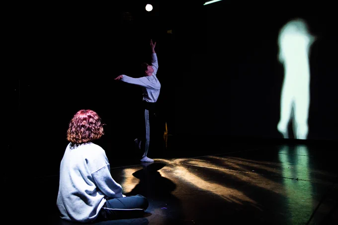 Two dancers with a projected silhouette