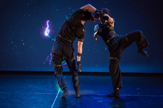 Two dancers using motion capture equipment