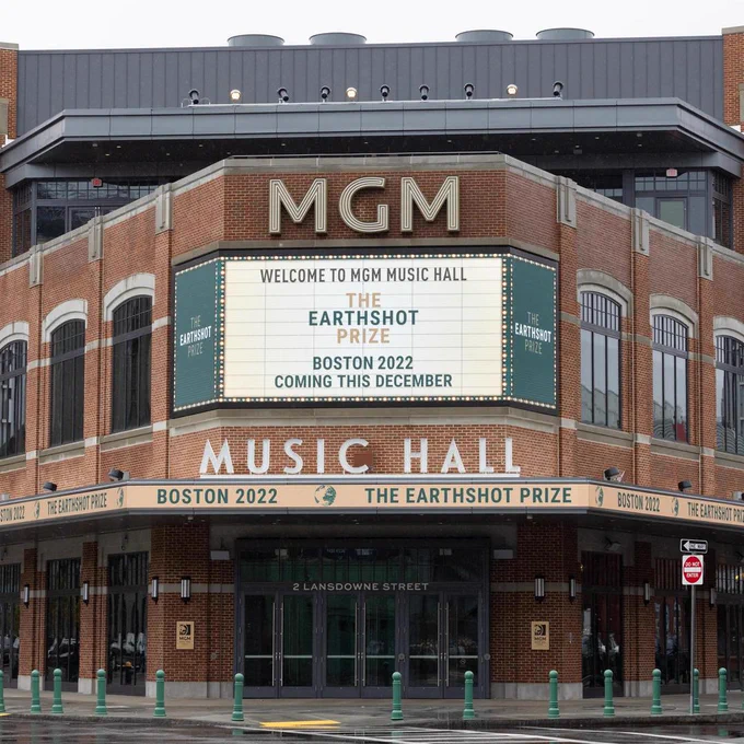 Photo of MGM Music Hall in Fenway with a sign that reads "The Earthshot Prize Boston 2022"