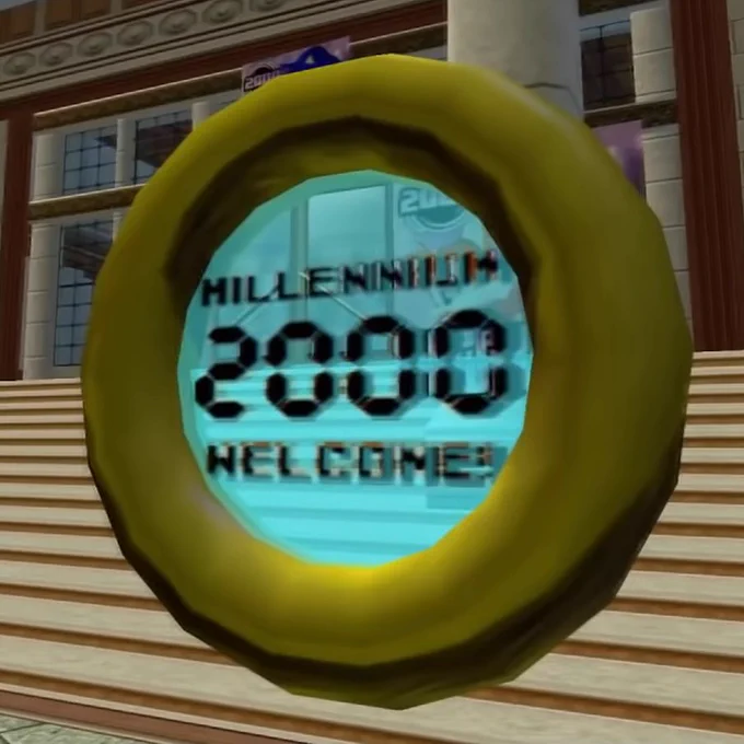 Station Square has a special ring! In front of the stairs for Station Square's train station there is a giant ring with a blue translucent center. On it reads text that says, "Millennium 2000 WELCOME!"