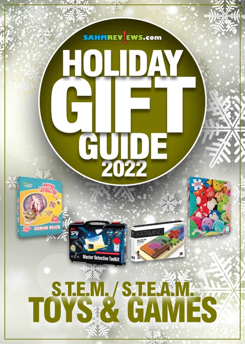 Background: Various sized snowflakes
Large white text inside green circle: SahmReviews.com Holiday Gift Guide 2022
Center Images from Left to Right: Human Brain Floor Puzzle, Master Detective Tool Kit, Katamino Puzzle, Squishmallows Puzzle
Green text on bottom: S.T.E.M. / S.T.E.A.M Toys & Games