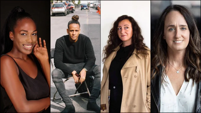 A composite of 4 host headshots of podcast hosts. From left to right: Hannah Ajala, Matthew Amha, Kaitlin Prest, Kathleen Goldhar