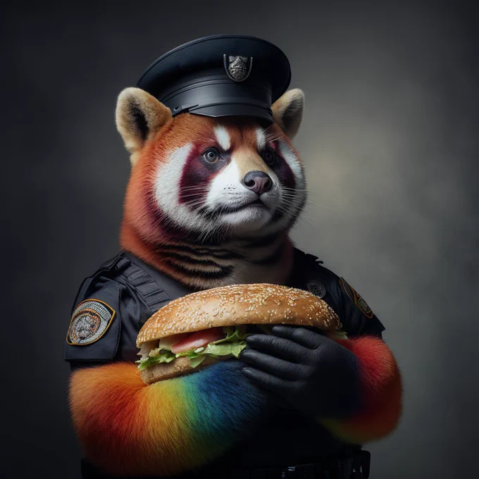 Rainbow colored red panda holding a hamburger, red panda in a police uniform