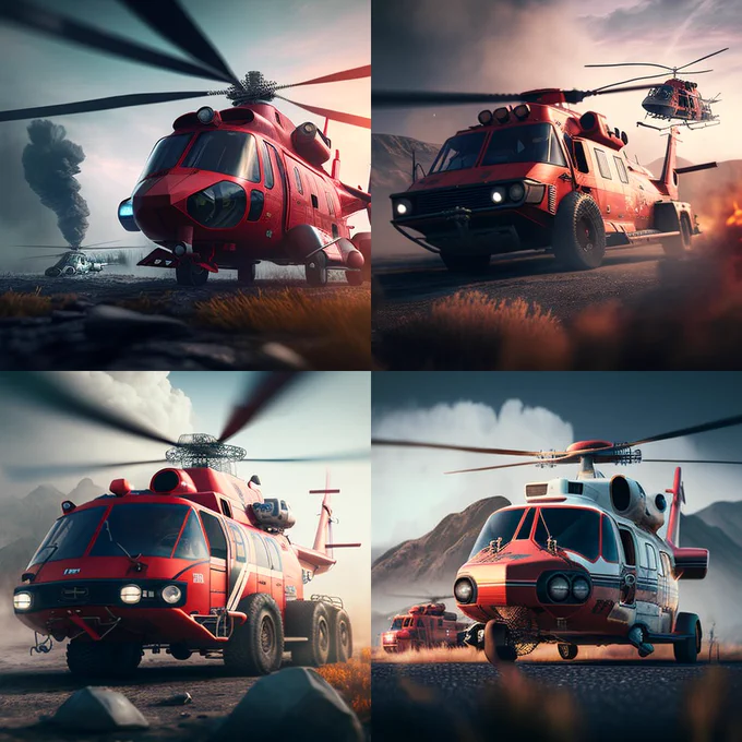 A mix of a fire truck and a helicopter