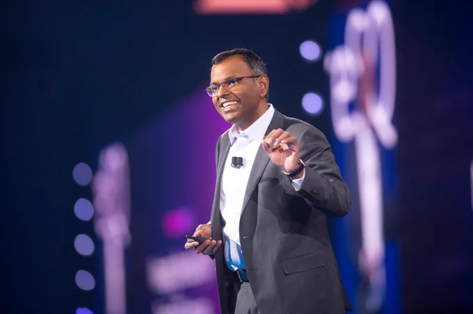 Swami Sivasubramanian on stage during his keynote at re:Invent.
