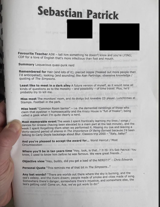 A yearbook page with sections for Favourite Teacher, Summary, Remembered for, Least like to meet in a dark alley, Miss Most, Miss least, Most memorable event, And you're pleased to accept the award for ..., Where you'll be in ten years' time, Objective View, Personal Quote, and Any Last Words (which features a dr. who quote, "There are worlds out there where the sky is burning, and the sea's asleep, and the rivers dream; people made of smoke and cities made of song. Somewhere there's danger, somewhere there's injustice, and somewhere else the tea's getting cold! Come on, Ace, we've got work to do!"