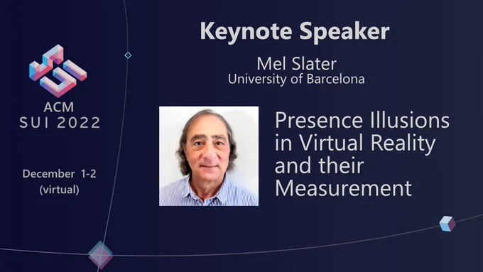 ACM SUI 2022 Keynote Speaker. Mel Slater, University of Barcelona. Presence Illusions in Virtual Reality and their Measurement.