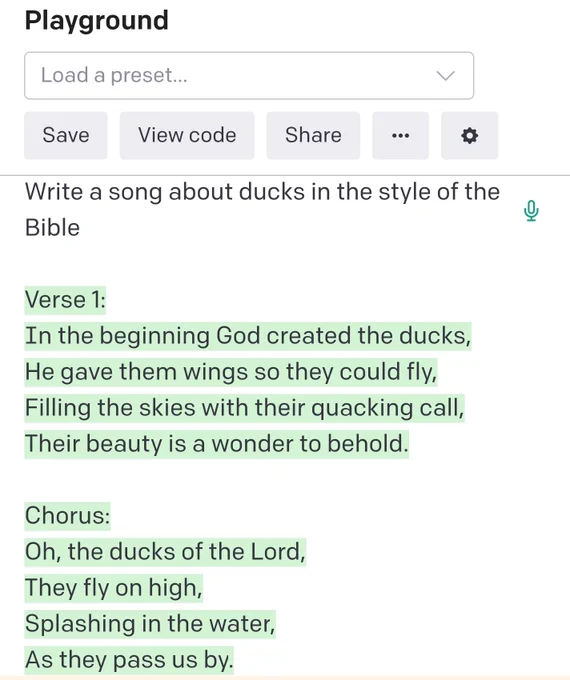 Write a song about ducks in the style of the Bible Verse 1: In the beginning God created the ducks, He gave them wings so they could fly, Filling the skies with their quacking call, Their beauty is a wonder to behold. Chorus: Oh, the ducks of the Lord, They fly on high, Splashing in the water, As they pass us by. Verse 2: God gave them webbed feet to swim in the lake, A feathered coat to keep them warm, Their wings are strong and carry them far, From the water's edge to the stars. Chorus: Oh, the ducks of the Lord, They fly on high, Splashing in the water, As they pass us by. Verse 3: The Lord watches over His feathered flock, Providing food and shelter for them, He calls them to Him when He needs them, And gives them a home in the heavens. Chorus: Oh, the ducks of the Lord, They fly on high, Splashing in the water, As they pass us by.