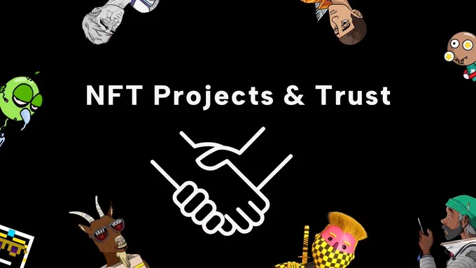  Outline of two hand shaking. On top, the terms "NFT projects and Trust"