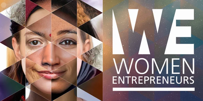 Composite of a face made up of multiple women pf various races and ages with the title WE: Women Entrepreneurs 