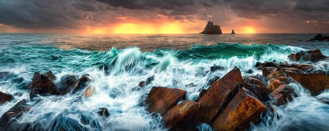 Prompt: a hyperrealistic painting of crashing waves sprays of water particles splashing on rocks, intense, epic, exciting, wow, panoramic, cinematic, moody, hdri, lens flare, exciting, 3D, stop motion, highly detailed, octane render, soft lighting, celestial, professional, 35mm, Zeiss, Hasselblad, Fujifilm, Arriflex, IMAX, trending on artstation, artstationhd, artstationhq, 4k, 8k 

Seed: 1938934614 

Width: 1600
Height: 640
cfg_scale: 7
Steps: 100
Sample: (Auto)
Model: Stable Diffusion v2.0-768
UI: beta.dreamstudio.ai