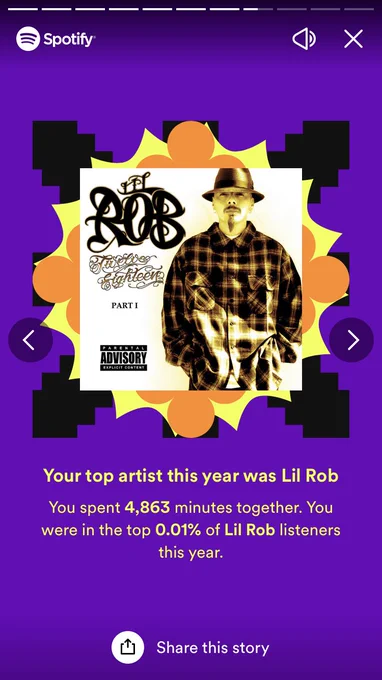 Screenshot of Andreas Spotify that says she was in the top .01% listeners of Lil Rob