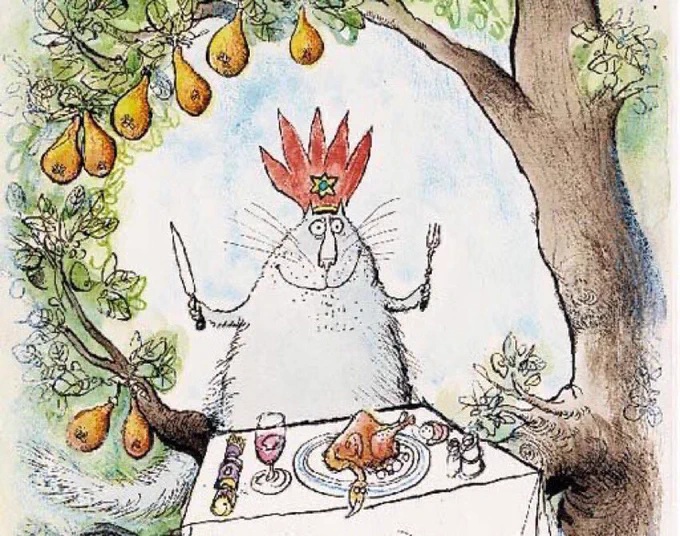 Cartoon of a cat eating a cooked partridge in a pear tree