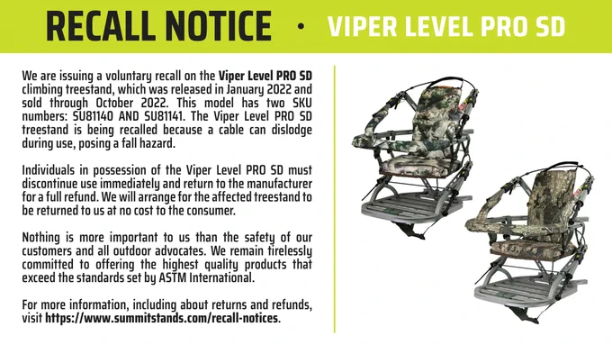 We are issuing a voluntary recall on the Viper Level PRO SD climbing treestand, which was released in January 2022 and sold through October 2022. This model has two SKU numbers: SU81140 AND SU81141. The Viper Level PRO SD treestand is being recalled because a cable can dislodge during use, posing a fall hazard.

Individuals in possession of the Viper Level PRO SD must discontinue use immediately and return to the manufacturer for a full refund. We will arrange for the affected treestand to be returned to us at no cost to the consumer.

Nothing is more important to us than the safety of our customers and all outdoor advocates. We remain tirelessly committed to offering the highest quality products that exceed the standards set by ASTM International.

For more information, including about returns and refunds, visit https://www.summitstands.com/recall-notices.