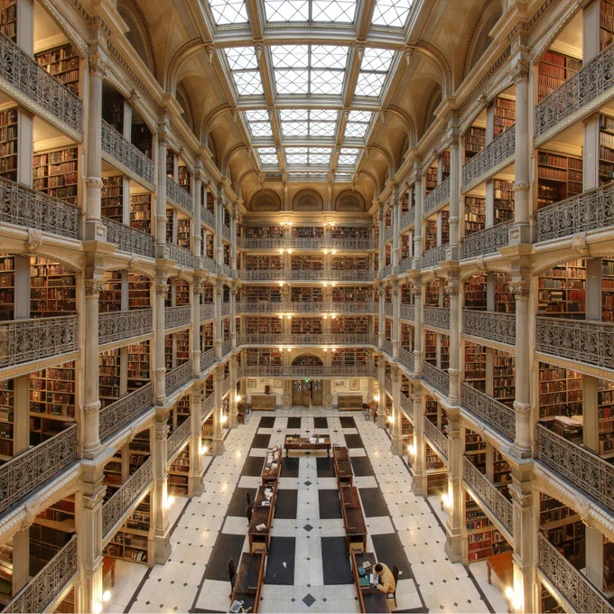 Interior of the George Peabody Library in Baltimore.

Image:
Matthew Petroff
https://commons.wikimedia.org/wiki/File:George-peabody-library.jpg

CC BY-SA 3.0
https://creativecommons.org/licenses/by-sa/3.0/deed.en

