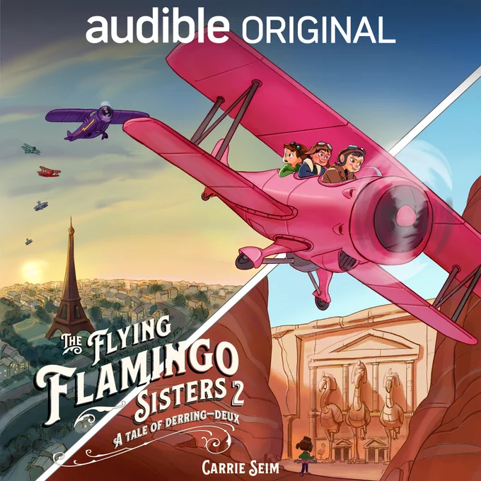 The Flying Flamingo Sisters 2 cover art, featuring three young sisters in a 1930s pink biplane flying over Paris and Egypt, while other planes chase them. 