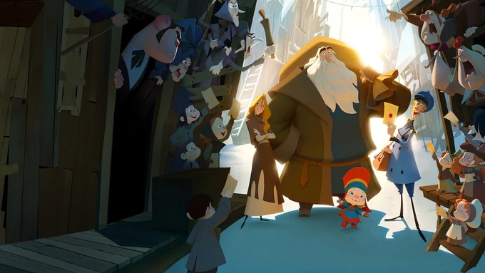 A still from Klaus. Animated characters walk down a narrow street through a crowd of people.