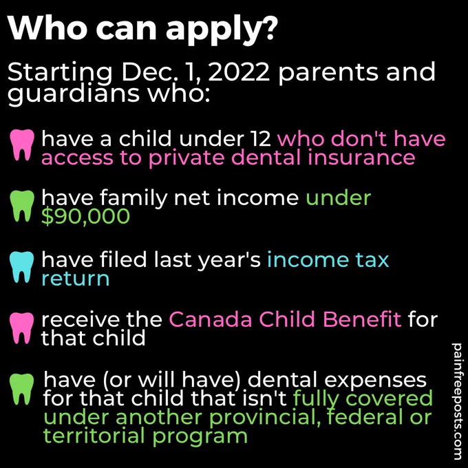 Who can apply?
Starting Dec. 1, 2022 parents and
guardians who:
have a child under 12 who don't have
access to private dental insurance
have family net income under
$90,000
have filed last year's income tax
return
receive the Canada Child Benefit for
that child
have (or will have) dental expenses
torabat abili har smit fall Ye derared
territorial program