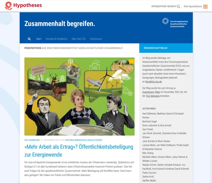 Das Bild zeigt einen Screenshot des FGZ Blogs, das nun bei Hyptheses gehostet wird.