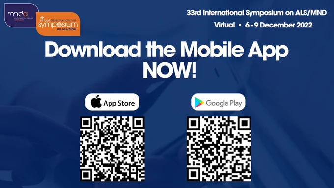 Download the mobile app for the 33rd International Symposium on ALS/MND. Includes QR codes for the App store and google play