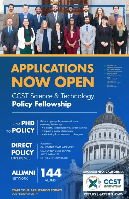 A poster style graphic with a photo of the 2022 Fellows with a blue banner below highlighting that applications are now open for the CCST Science & Technology Policy Fellowship with CCST's logo, the California State Capitol, and a listed timeline and top highlights of the fellowship in white letters on a blue background.