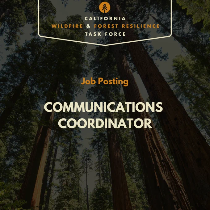 Job Posting: Communications Coordinator, task force logo, background photo looking up at large redwood trees towering above.