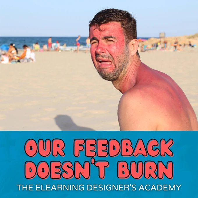 The top half of the meme shows a person at the beach with a sunburn on their back and face. They are painfully grimacing. The bottom portion says: Our feedback doesn't burn, the eLearning Designer's Academy.