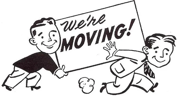image of two cartoon people moving a sign that says "We're Moving" 