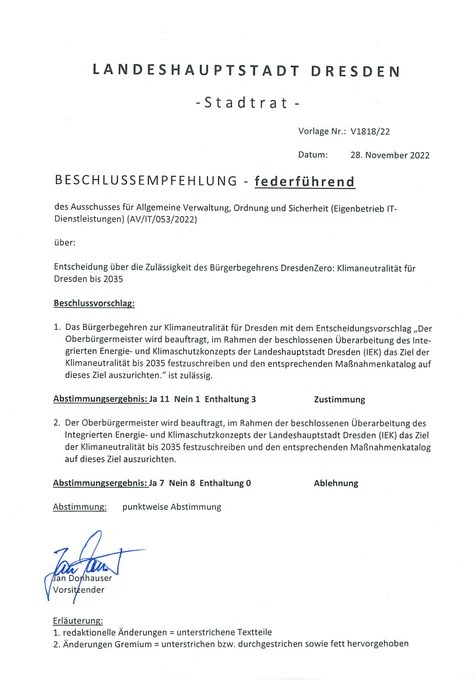 Der Beschluss des Finanzausschusses zum Bürgerbegehren von DresdenZero. Der Forderung ("Der Oberbürgermeister wird beauftragt, im Rahmen der beschlossenen Überarbeitung des
Integrierten Energie- und Klimaschutzkonzepts der Landeshauptstadt Dresden (lEK) das Ziel
der Klimaneutralität bis 2035 festzuschreiben und den entsprechenden Maßnahmenkatalog
auf dieses Ziel auszurichten.
") wurde nicht statt gegeben.