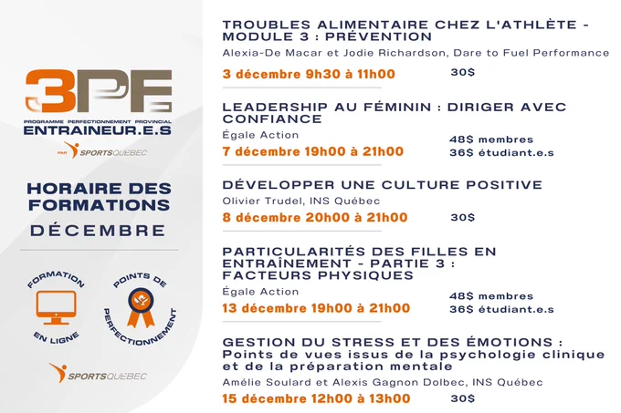 Horaire des ateliers 3PE en décembre