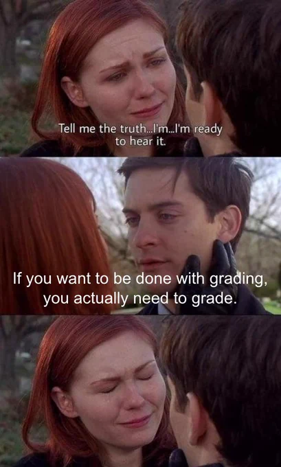 First panel:
Mary Jane: Tell me the truth. I'm...I'm ready to hear it.

Second panel:
Peter Parker: If you want to be done with grading, you actually need to grade.

Third panel:
Mary Jane about to cry.