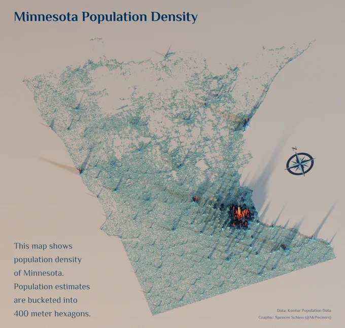 This map shows population density of Minnesota, with population estimates from Kontur data, which are bucketed into 400 meter hexagons. Rendered in R using the rayshader package.