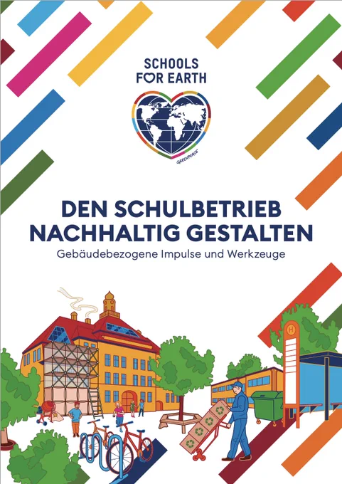 Titelseite der "Schools for Earth" Handreichung "Den Schulbetrieb nachhaltig gestalten - Gebäudebezogenen Impulse und Werkzeuge".

Das Greenpeace­ Projekt „Schools for Earth“ unterstützt Schulen dabei, sich auf den Weg Richtung Klimaneutralität zu machen und gleichzeitig eine Bildung für nachhaltige Entwicklung im ganzheitlichen Ansatz des Whole School Approach umzusetzen.

Die vorliegende Handreichung über die Gestaltung eines nachhaltigen Schulbetriebs aus Gebäudeperspektive ist ein zentraler Bestandteil dieses Projekts „Schools for Earth“. Entwickelt von den Expert:innen der Deutschen Gesellschaft für Nachhaltiges Bauen (DGNB) unterstützt das Material engagierte Akteur:innen der Schullandschaft mit vielen methodischen und praktischen Hilfestellungen, den Betrieb des eigenen Schulgebäudes in Sachen Nachhaltigkeit und Klimaschutz zu optimieren.