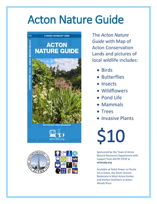 Acton MA Nature🌱🌳🦋 Guides (new, updated) make great holiday 'stuffer' & anytime gifts! 
$10 'cash & carry' from Acton local businesses:
Silver Unicorn Bookstore 
Kitchen Outfitters  &
Pedal Power Bike & Ski  