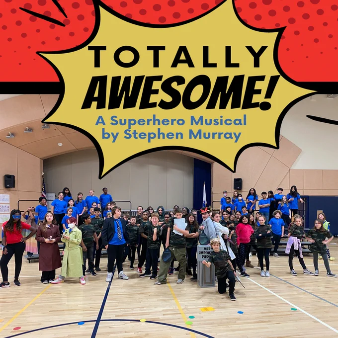 "Totally Awesome!" comics style logo over a photo of the Sherwood cast and crew in costume and good spirits