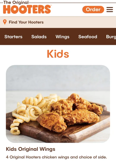 Kids menu at hooters