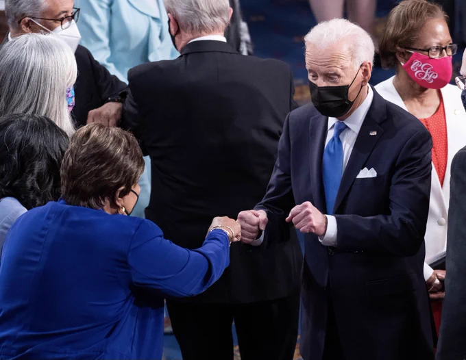 Rep. Eddie Bernice Johnson greets President Joe Biden.