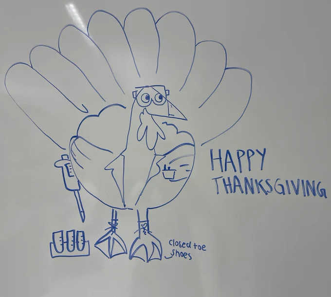 Drawing of a Turkey wearing a lab coat, lab goggles, closed toe shoes, and holding a pipette.