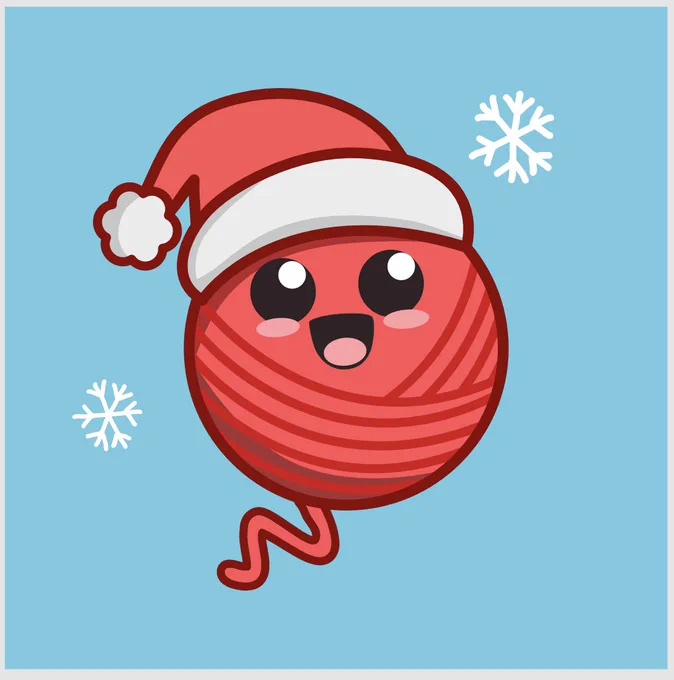 An app icon for YarnBuddy, featuring a light red ball of yarn drawn in Kawaii-style with a smiling face and wearing a Santa hat. The background is light blue with a couple of white snowflakes.
