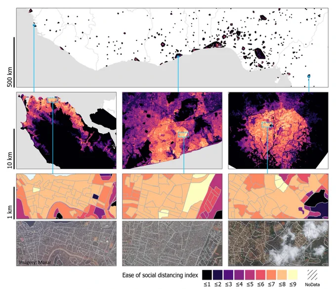 A multi-panel map showing ease of social distancing index values for West Africa, with close-up examples for Freetown, Sierra Leone (left column), Accra, Ghana (centre column) and Yaoundé, Cameroon (right column).