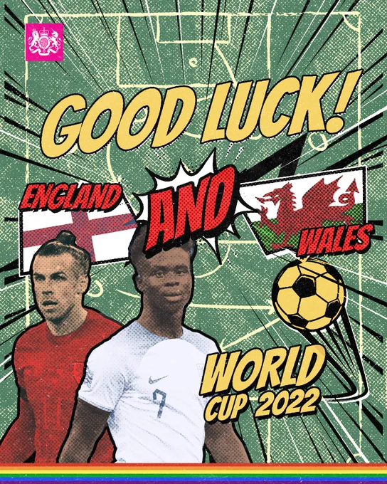 The background image is an illustration of a football pitch

On the pitch, there are photos of England international footballer Bukayo Saka and Wales international footballer Gareth Bale

The text on the asset reads "Good luck England and Wales. Both country's flags are by their name.

The text lower down reads "World Cup 2022". 

The DCMS logo is in the top left hand corner of the asset