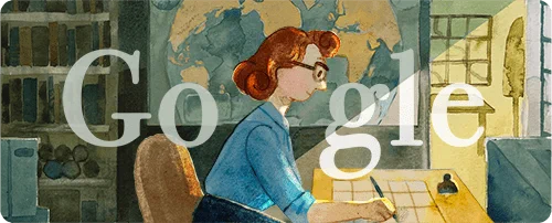 Painted illustration of Marie Tharp sitting at a desk drawing. She has red hair, fair skin, and is wearing eye glasses and a blue dress shirt. The background is an office setting with a world map on the wall and bookshelfs beside. The "GOOGLE" logo frames Tharp and her head stands in for the second "O". 