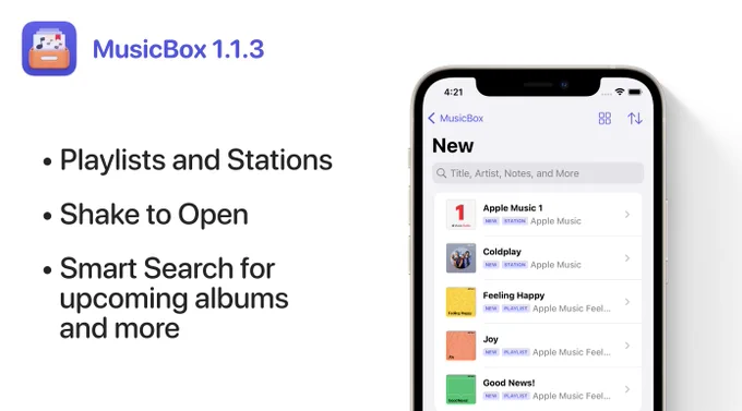 MusicBox 1.1.3 brings support for playlists and stations, Shake to Open, Smart Search for upcoming albums and more.