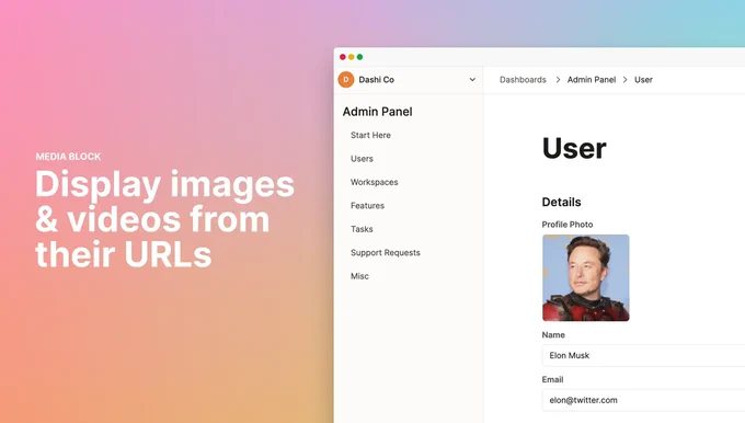 An admin panel showing a user's profile with Elon Musk's profile photo displayed.