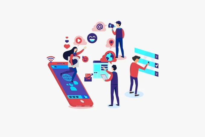 Illustration of a large cell phone and a person walking on it, a person using a megaphone, two people interacting with screens in space