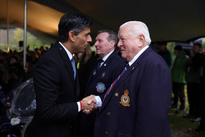 Rishi Sunak meeting a nuclear test veteran at the National Memorial Arboretum in Staffordshire.