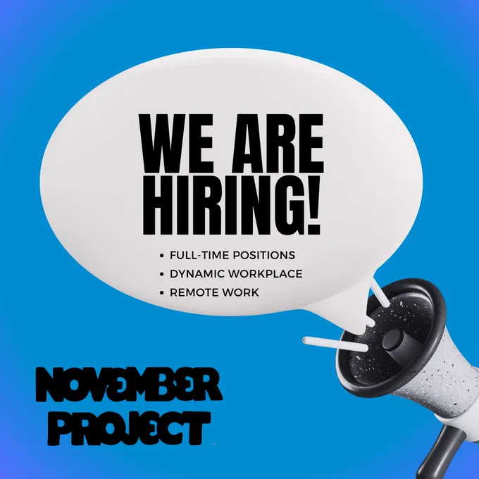 An illustration of a voice bubble coming out of a megaphone with the words:
WE ARE HIRING! Dominating the space with three bullet points below listing a few descriptors:
• full-time positions 
• dynamic workplace 
• remote work