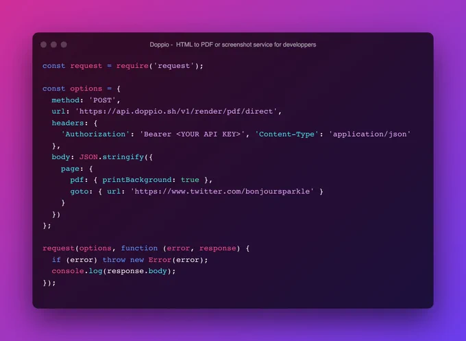 Node.js code block example, full example on Doppio documentation: https://doc.doppio.sh/guide/quick-start-with-node.html